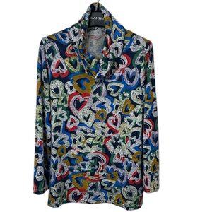 Kleio Multicolor Heart Print‎ Cowl Neck Top Women’s M Long Sleeve READ